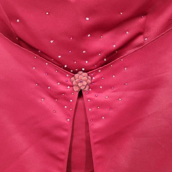 Red Satin Strapless Evening Gown Sz 12 Formal Dress Beaded Caped Skirt Prom Gala - Picture 2 of 12
